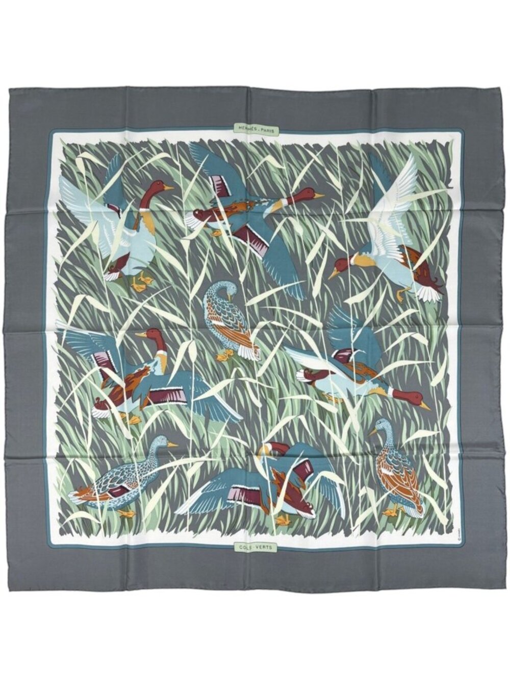 Hermes Carre 90 Cols Verts Scarf Mallard Silk Gray Multicolor